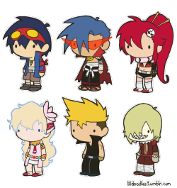 lildoodles:  Re-Release! Lil’ Gurren Lagann: Spiral Energy booster pack! This pack includes Simon, Kamina, Yoko Littner, Nia Teppelin, Kittan Bachika and Viral! Like these? Get the stickers here!