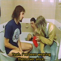 where-the-light-is-dark:  its-not-unreal:  dave krist and kurt in the bathroom  women usually do go the bathroom together, but this….this is just too adorable :D 