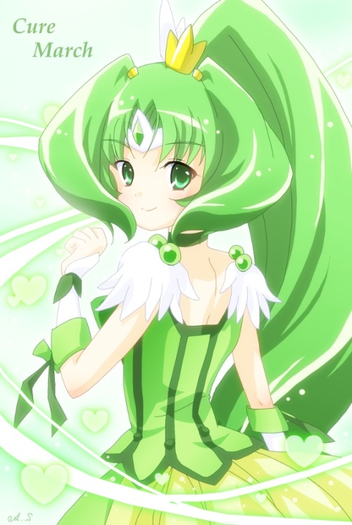 abaslev:1girl back character name choker cure march dress green dress green eyes green hair heart lo