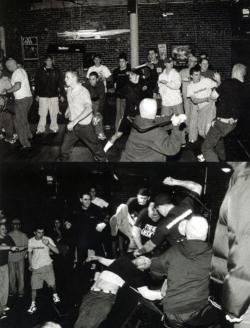 davidjaycox:  xescie:  These pictures get misrepresented soooo often. That’s me (with tragic facial hair) about to club the nazi, so I assure you that this is a factual account. It was an All Bets Off and Floorpunch show at the Cocodrie in SAN FRANCISCO