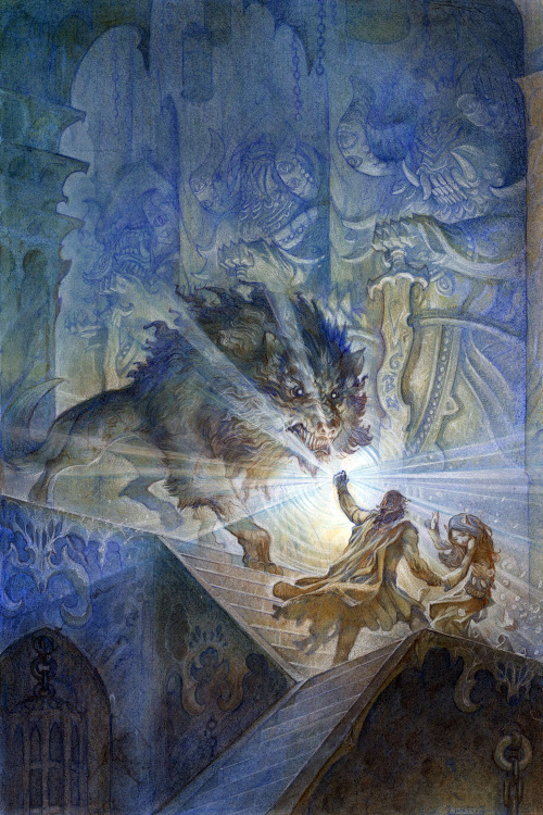 gustavomalek:  Beren and Lúthien against Carcaroth by Justin Gerard  Then terror fell upon Beren and Lúthien, and they fled, heedless and without disguise, desiring only to see the light once more. They were neither hindered nor pursued, but the