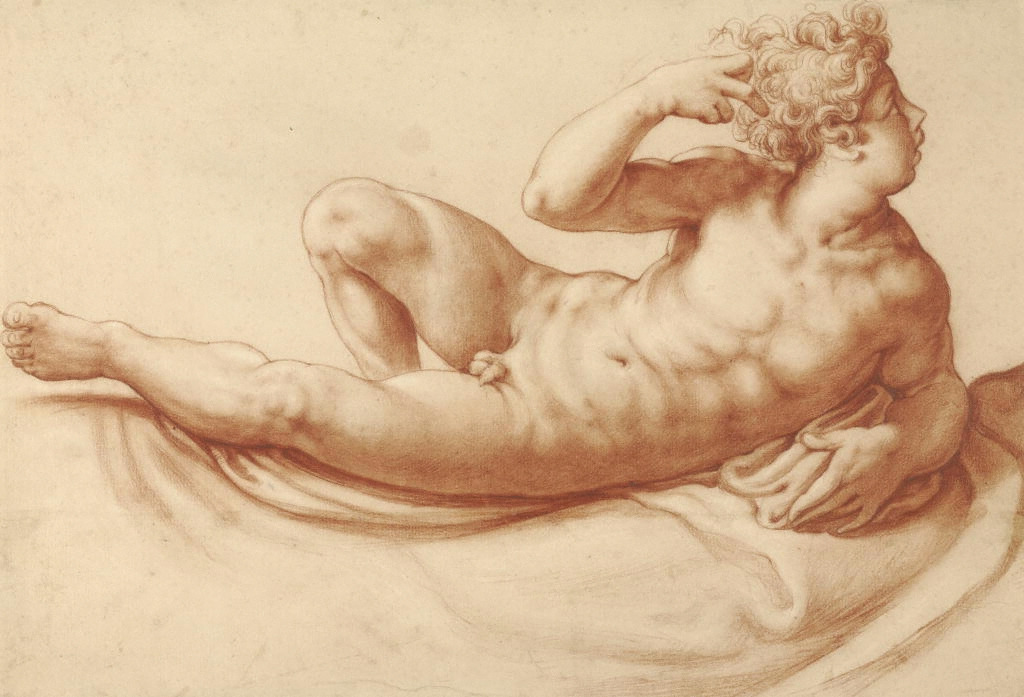 necspenecmetu:  Francesco de’ Rossi (Il Salviati), Reclining Male Nude, c. 1550