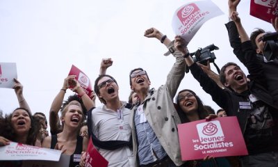 Movement of the Young Socialists (MJS) react after the announcement of the results of the second round of the French parliamentary elections on June 17, 2012 at the PS headquarters in Paris. (Fred Dufour/Agence France-Presse — Getty Images)