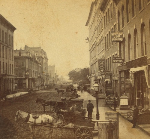 Looking west along Washington from Dearborn, 1867, Chicago.