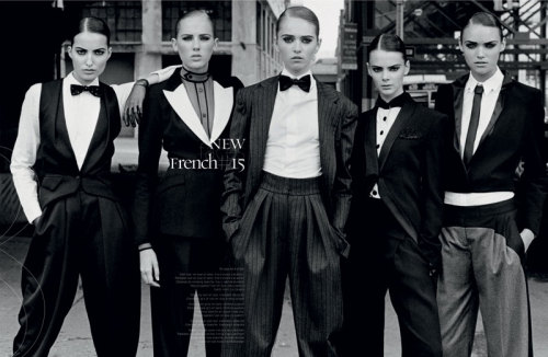 girls-will-be-boys:  Models: Daniela, Chantel Nik Deberry, Alisa Matviychuk, Nikole Ivanova, Nika Lauraitis Photographed by Thierry Le Gouès 