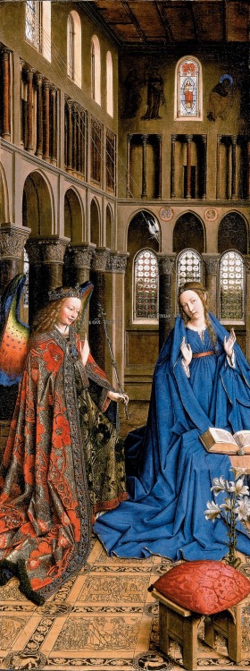 phassa:The Annunciation (1434-6). Jan Van Eyck (Flemish, 1395-1441). Oil on wood panel, transferred 