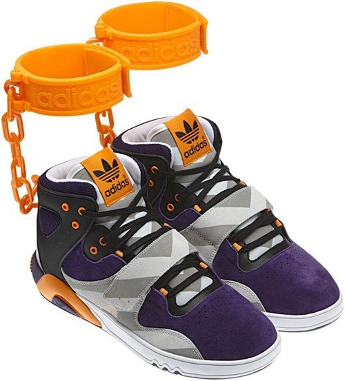 thedailywhat:  Sneakers of the Day: Adidas is trying to quell an international sh*tstorm after pics of its new JS Roundhouse Mids sneakers were posted to Facebook late last week. ”Got a sneaker game so hot you lock your kicks to your ankles?” asks