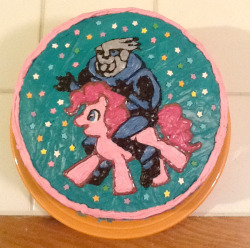 leorigby:  “While I draw the comic that I was supposed to have made on Sunday, I invite you to enjoy this three-layer marbled chocolate-funfetti cake featuring Garrus riding through the cosmos on Pinkie Pie that I made instead as a birthday surprise