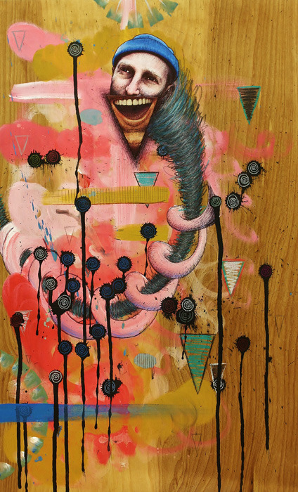 justinchronister:  “Jonathan Ames”  Acrylic, colored pencil, ink, on wood 
