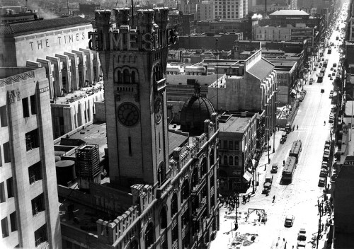 Looking south down Broadway, with a view of the old and new L.A. Times buildings, circa 1934.