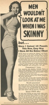 stcyla:  1930s ad for Ironized Yeast Pills that would supposedly make women gain weight in order to be bikini ready in the summer. 