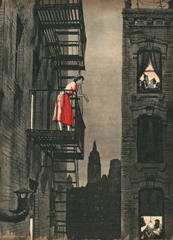 funnster:  Ed Vebell illustration to “Loneliness Is Dangerous” by Harry Coren. Cutline: “Alone in the midst of millions, the girl, who longed to talk to someone, stood on her fire escape as the voices of others, enjoying the companionship denied