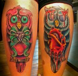 fuckyeahtattoos:  Owls done by Sean Hall North Hollywood, CA worksofseanhall@gmail.com for appointments Facebook.com/seanhalltattoos #owls #tattoos #tattoo #goodevil #onesession #legtattoo #cute #bright #vibrant