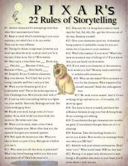 cranky-crustaceans:  pupukachoo:  froggy-horntail:  pantheonbooks:  duamuteffe:  illesigns:  Pixars 22 Rules of Story Telling  9 is worth the price of admission, holy crap.  This is genius. So many great writing tips!  And this is why Pixar is a master