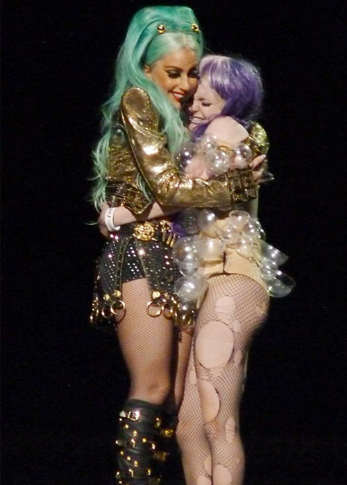 gagaroyale:  Gaga with a fan on stage at the Born this Way Ball in Sydney.
