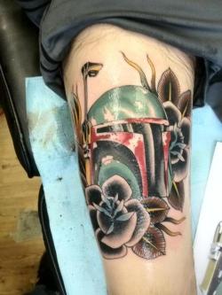 fuckyeahtattoos:  Boba Fett thigh piece done by Wes Carter at Carters Tattoo Company in Bowling Green KY.