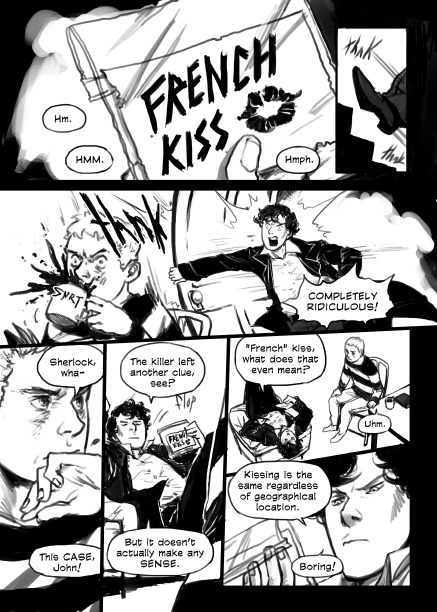 French Kiss page 01 (from I Will Burn the Art Out of You, a Sherlock collab fanbook)