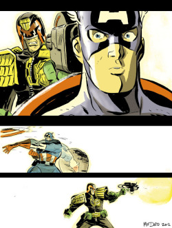 thecomicartblog:  Topical!I always wondered if they’d really want to fight,but Dredd hates vigilantes so I guess the answers yes! By Dan McDaid. (via dan mcdaid: Dredd vs. Cap - the full works!)  more WTF? @ElBrutoEpico