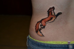 fuckyeahtattoos:  my third and newest tattoo. i love red foxes and got this done recently. i love it.  done at Voodoo Tattoo in Bloomsburg, PA by “Gentle Ben”. great guy and great work. highly recommended.  paranoia—psychosis.tumblr.com