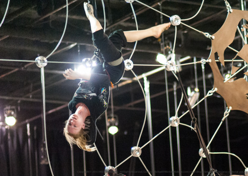 Aerialists practicing on their custom-built spiderweb prior to the opening of the 2012 Seattle Eroti