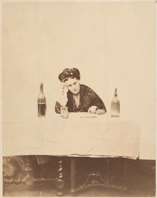 cafelehmitz: pierre-louis pierson: la comtesse at table with bottle on either side, 1861-67
