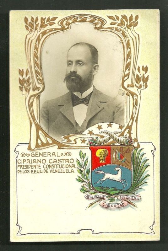 “ GENERAL CIPRIANO CASTRO - VENEZUELA
This is an antique embossed colour Art Nouveau postcard of Venezuela with an undivided back. It contains a real photo mounted on the postcard of President Cipriano Castro (1858–1924) and also shows the Coat of...