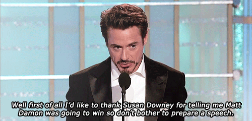 Tony Stark apparently accepting an award on behalf of Robert Downey Jr.  