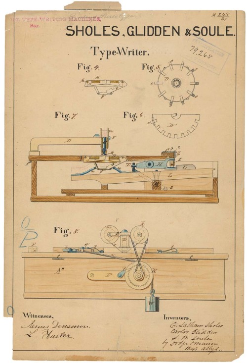 s
Drawing for a Typewriter, 06/23/1868
In 1868, C. Lantham Sholes, Carlos Glidden, and Samuel W. Soule received a patent for their improved type-writing machine. In their application, they wrote that “the type-writer is the simplest, most perfectly...