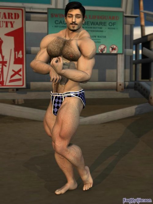 Massive Muscular 3D Hunk poses at the beach.  Safe for work pic.  See all my 3D hunks at 3