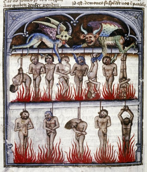 medievalengravings: DEMONIC SMOKEHOUSE Livre de la Vigne nostre Seigneur, France ca. 1450-1470. Bodl