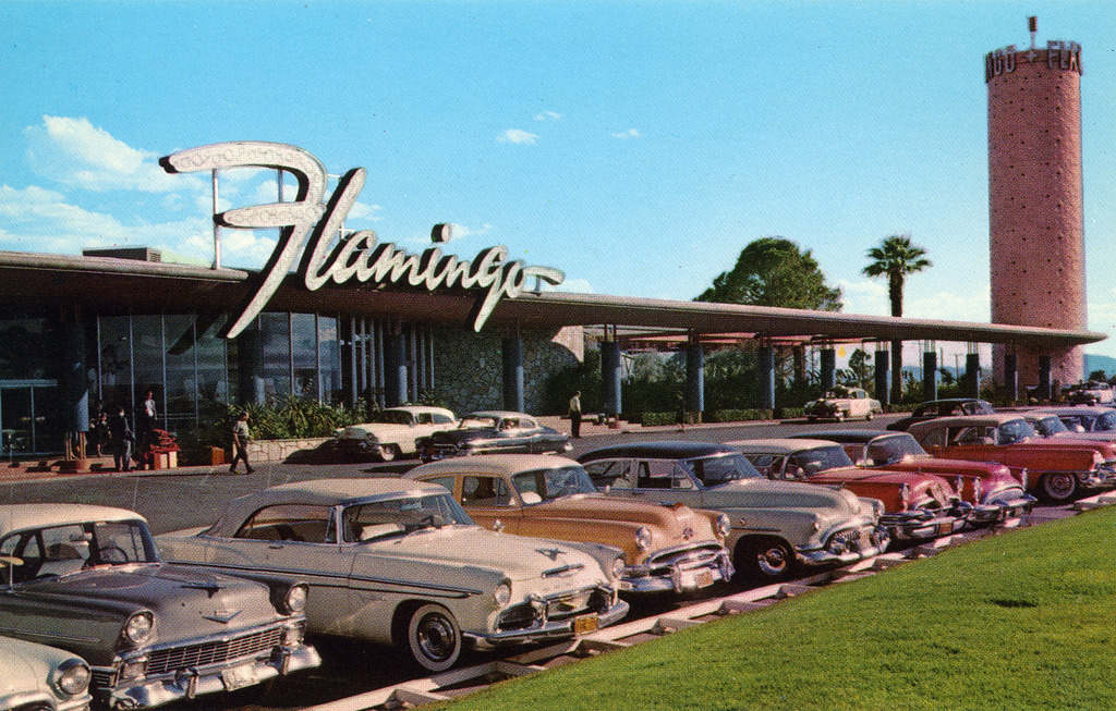theniftyfifties:  The Flamingo Hotel carpark, Las Vegas, 1950s. 