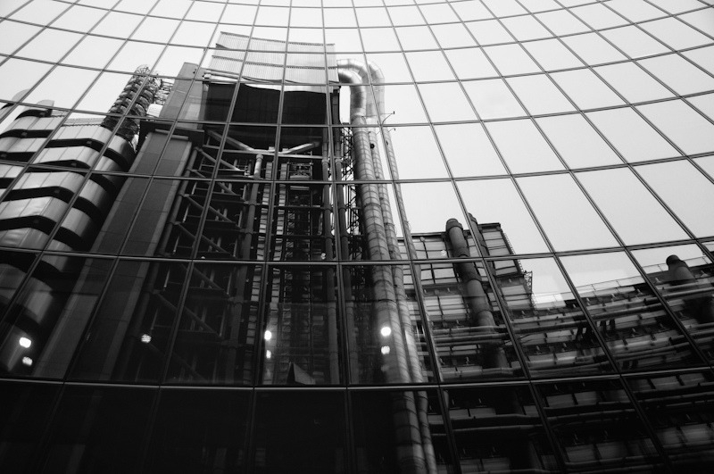 black-and-white:  Lloyds Building Reflection (by essexdiver) 