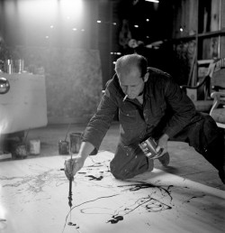artistandstudio:  Pollock in his Long Island studio, 1949.  Photo by Martha Holmes—Time &amp; Life Pictures/Getty Images.