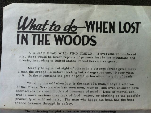 “What to do when lost in the woods,” 1957 1946 US Forest Service flyer
@ChristiansenJen found this leaflet in her 1896 cabin in Colorado. I tracked down a PDF through the Oregon State Library.
Solid tips:
• Stop, sit down and try to figure out where...