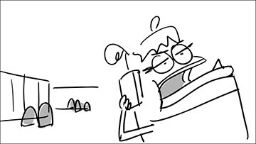 Here's a panel from the board I'm working on. It's probably the most horribly off-model drawing of Pirahnica ever made. She's saying, 