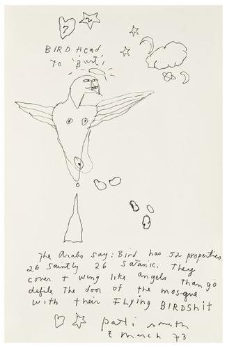 Patti Smith（American, b.1946）
Self-portrait titled “Bird Head” 1973
ink on paper also