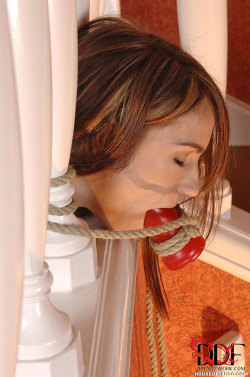During the night, she&rsquo;s tied on the bottom and gagged to keep her mouth always open wide.