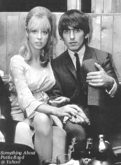 thegilly:truthaboutthebeatlesgirls:   Saddle Room Circa mid 1964 - Pattie Boyd and George Harrison at the Saddle Room in London in the company of John Junkin (“Shake” in A Hard Day’s Night). Thanks to thegilly for details about the photos! One scan