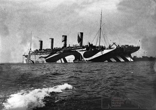 magnificenttitanic:Titanic’s sister-ship HMT Olympic as a troop ship in the “Dazzle&