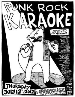 mitchclem:  Here’s a flyer I drew for my friend. There’s a punk/indie karaoke in Austin that I’ve gone to a couple times and it was a lot of fun. I totally killed on “Confessions of a Futon Revolutionist” the second time I went and the high