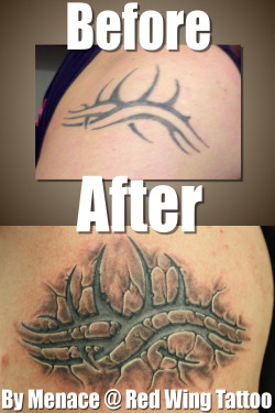 fuckyeahtattoos:  My customer came in with an old not very well done tribal tattoo.  He wanted me to go wild and 3D-ify it.  I did just that.  Reworks can be fun, but PLEASE for the LOVE OF GOD make sure you know who you are getting your tattoo from.