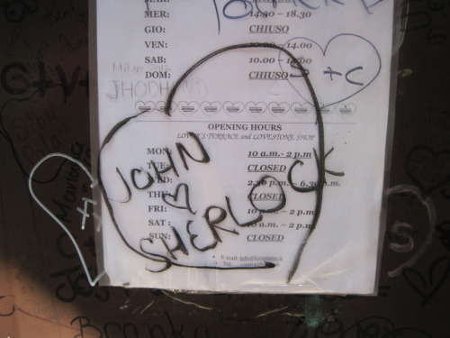 I just went to Verona.  It’s a tradition to write the names of couples all over the area that is allegedly where the real Juliet lived.  While looking at the names, I found this gem written on a sign.  Well played, Sherlock fandom.