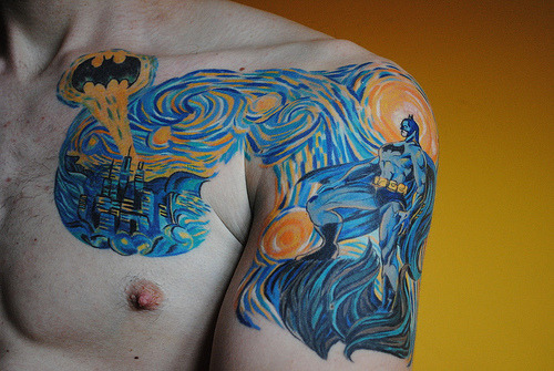 nerdsexins:  thedirektor:  Batman in Van Gogh’s Starry Night as a Tattoo  it’s