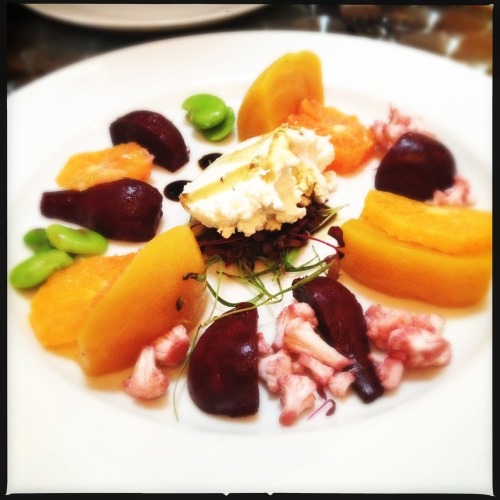 Last week at Sidecar. beets and goat cheese – fava beans, pickled cauliflower, pumpkin seed oil, bal