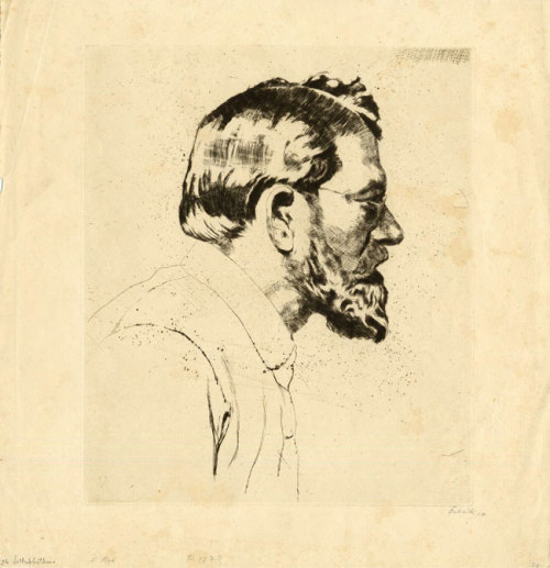 blastedheath:  Emil Orlik (1870-1932), Selbstbildnis im Profil nach Rechts (Self portrait in profile facing right), 1910. Drypoint with roulette. Signed in pencil and dated 1920. 