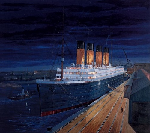 magnificenttitanic:A painting by Simon Fisher depicting the Titanic at the Southampton docks in the 