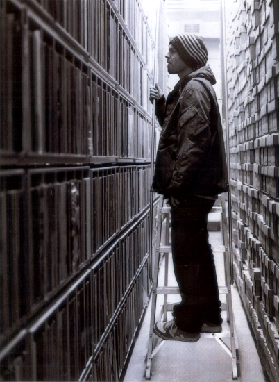 DJ Shadow and his vinyl collection.