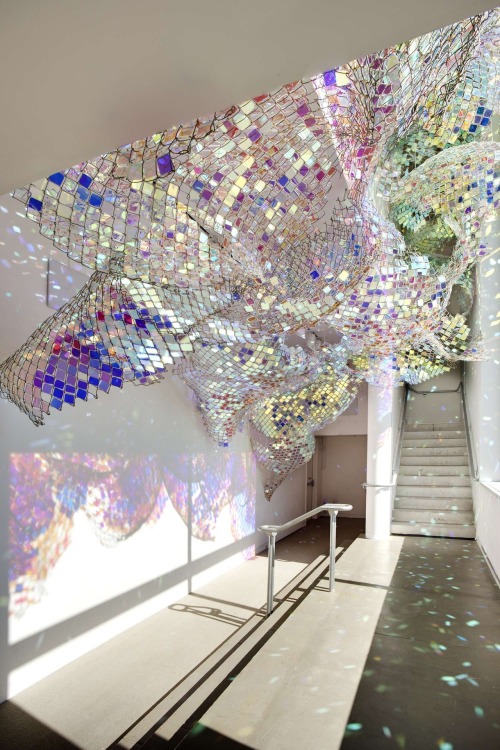 metalhearts:  “Capturing Resonance” by Soo Sunny Park This installation is made with chain link fence and reflective plexiglass. There is an accompanying auditory element with motion sensors that play sounds depending on the volume and speed of