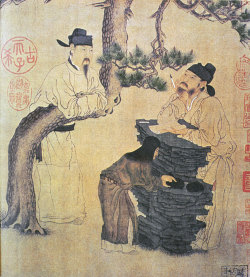 ancientart:  Ancient Chinese scroll art showing a Chinese school and an ancient Chinese poet. 