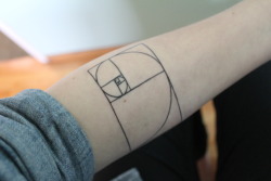 fuckyeahtattoos:  Done by Rick at Strange World Tattoo in Calgary, Alberta, Canada This is the Fibonacci Spiral, the visual representation of the first nine numbers in the Fibonacci Sequence. The Fibonacci spiral is connected to the Golden Ratio, which